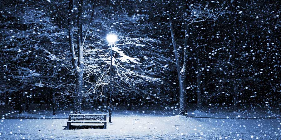 Blue Christmas snow, light, bench