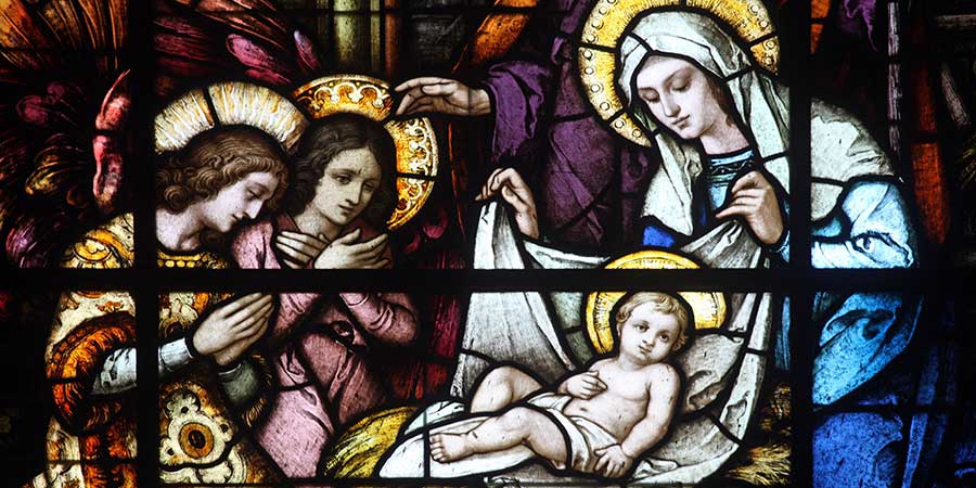 Mary, Jesus, Angels, stained glass