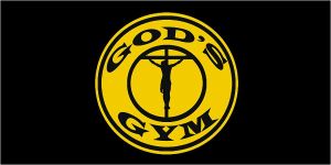 Yellow circle Image of Jesus on cross with text of God's Gym