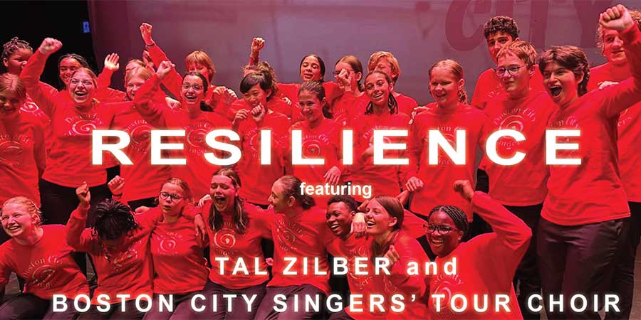 A choir singing with the word Resilience across image