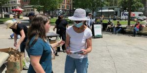 Two people on Boston common at common cathedral