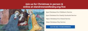 Invitation to join St. Andrew's for Christmas. Holy Family Angel Christmas 2025